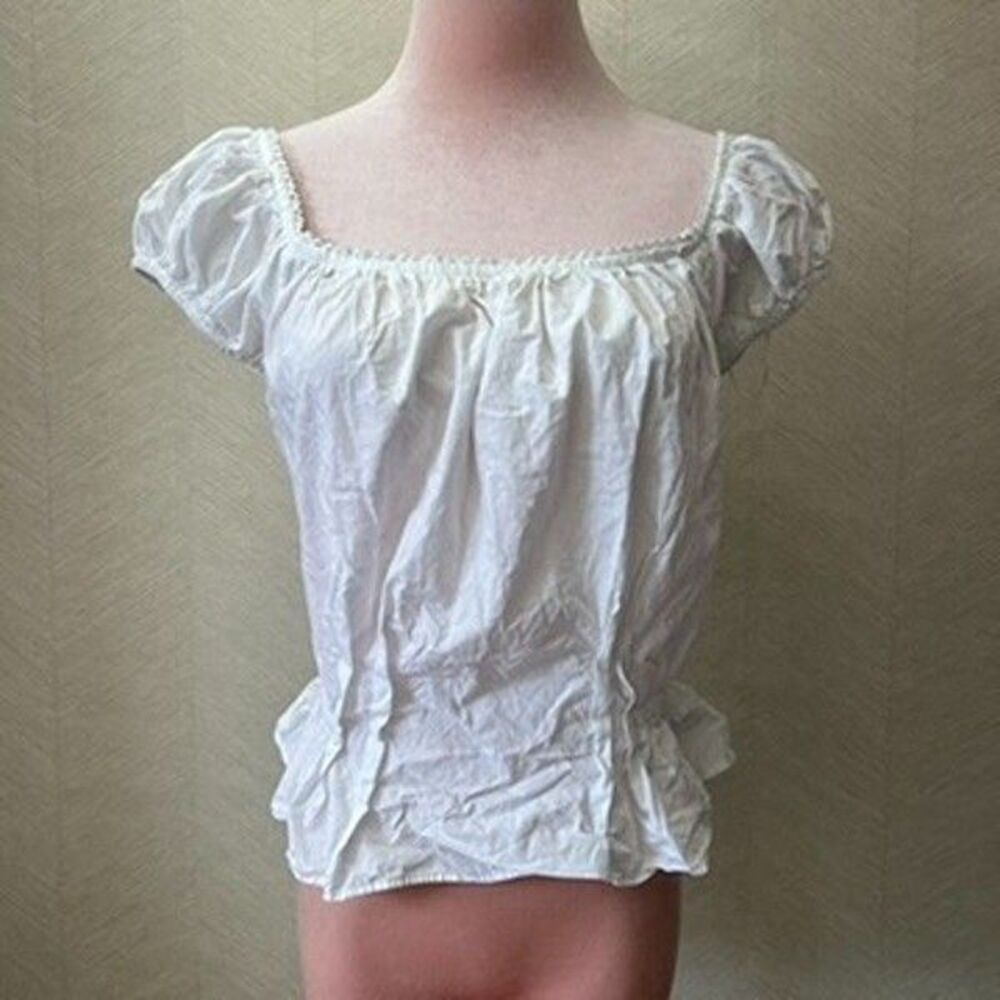 H&M Picot-Trimmed Elastic Square Neck White Puff Sleeve Blouse Top Womens M